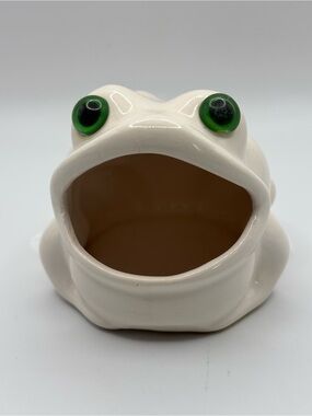 Vintage White Frog Planter with Green Eyes